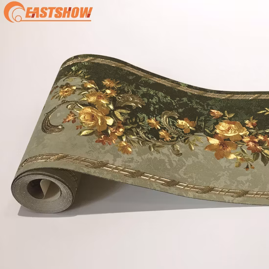 Bordas de papel de parede 3D de PVC colorido de folha de ouro de luxo com flores (220g/m² 17,6 CM * 5 M)